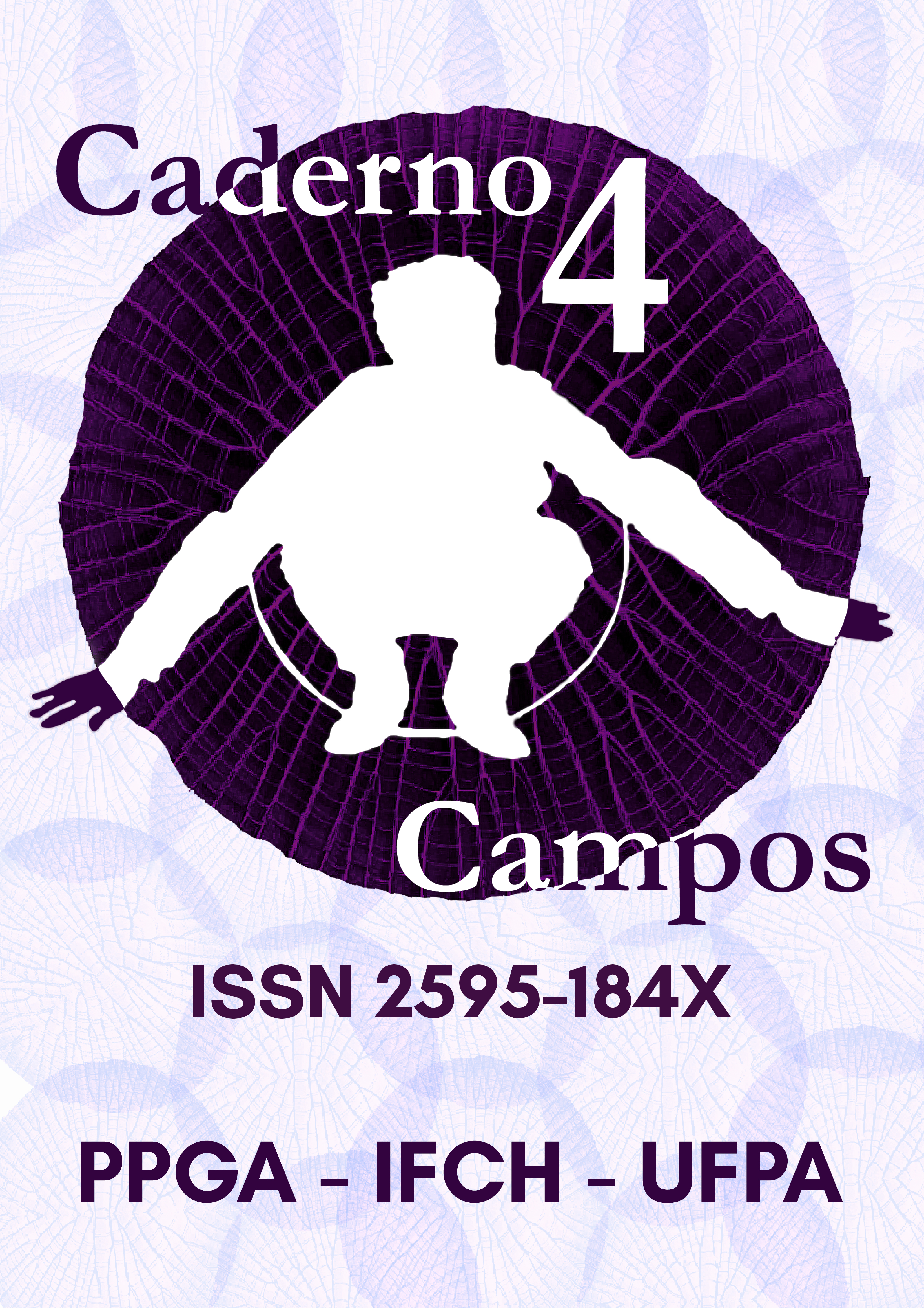 Capa da revista "Caderno 4 Campos" em tons de lilás e roxo. Centralizado, há um círculo roxo texturizado com a silhueta branca do Antropólogo Franz Boas agachado. O texto inclui o título, o ISSN 2595-184X e as siglas PPGA-IFCH-UFPA na base.